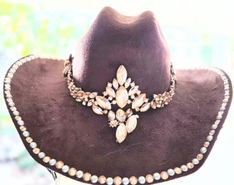 Brown Faux Suede Cowgirl Hat with White Crystal Design