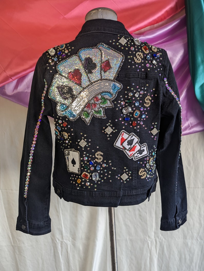Playing Card With Colorful Rhinestones on a Black Denim Jacket ...