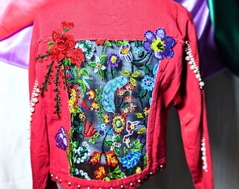 Lace Flowers on a Red Jacket on a Red  Denim Jacket. Size M