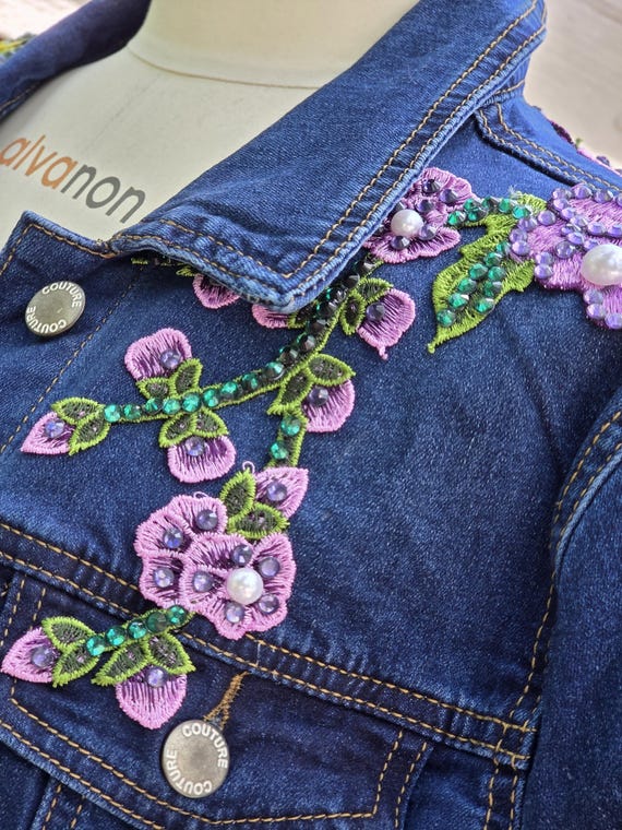 Embroidered Floral Denim Jacket, Rhinestone Embellished. Size XL