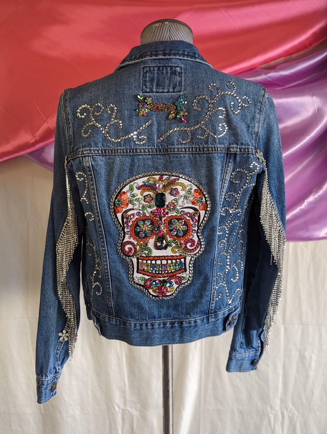 Colorful Sequin Skull on a Bleached Tie Dye on Blue Denim Jacket ...