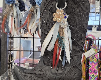 Western Boot Tassel Made of Feathers, Silk, Ribbons, Leather and Crystals