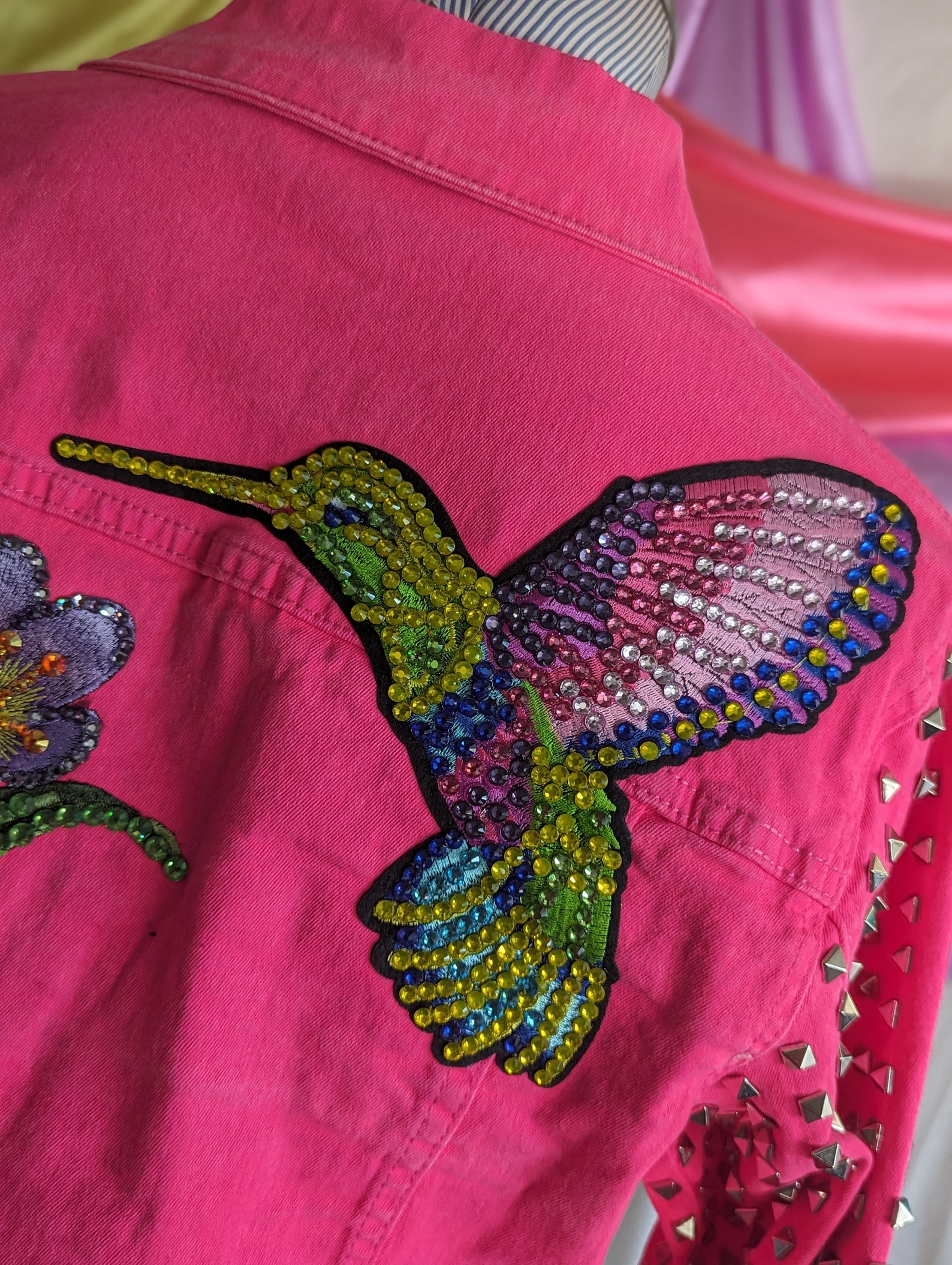 Hummingbird on a Mexican Pink Denim Jacket. Embellished Denim Jacket ...
