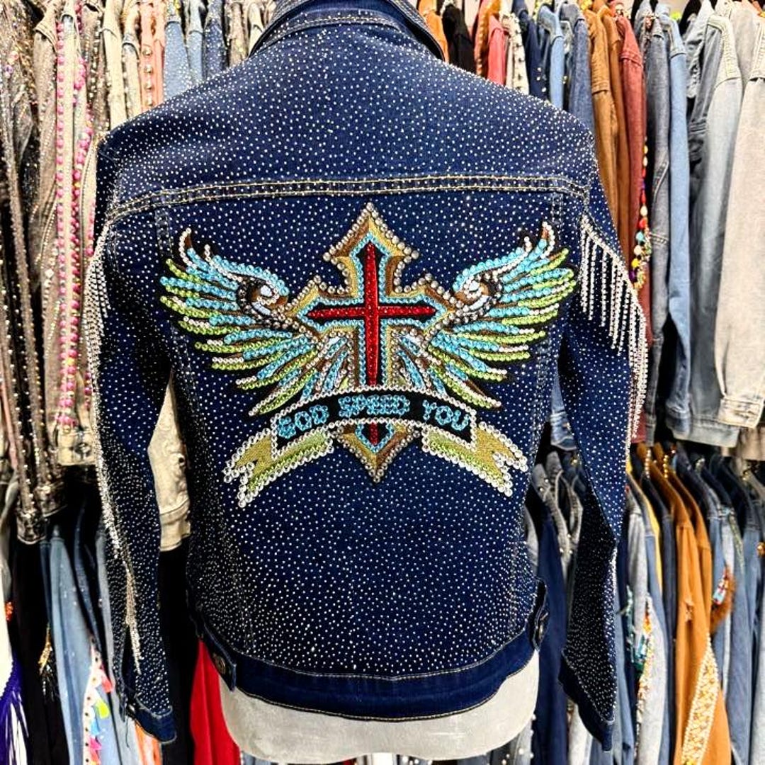 God Speed Cross on Dark Blue Jacket. Rhinestone Denim Jacket. One
