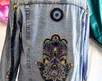 Huge Colorful Hamsa on an Oversize Med Blue Denim Jacket. Rhinestone Denim Jacket. Size M Oversize