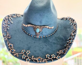 Turquoise Faux Suede Cowgirl Hat with Pewter Flowers and Cow Skull