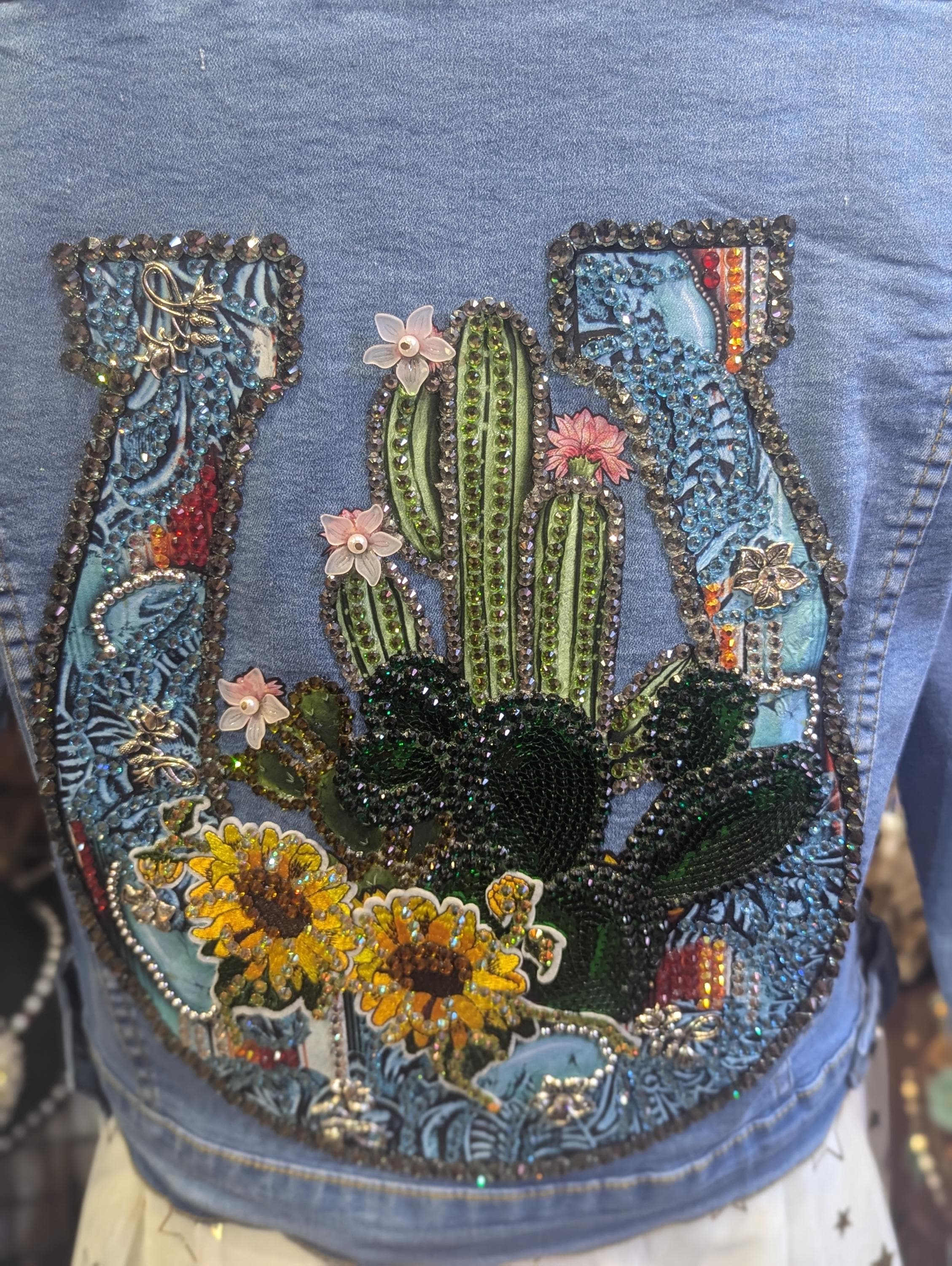 Turquoise Horse Shoe with a Cactus and Sunflowers on a Med Blue  Embellished Denim Jacket, Rhinestone Denim Size XL Jr