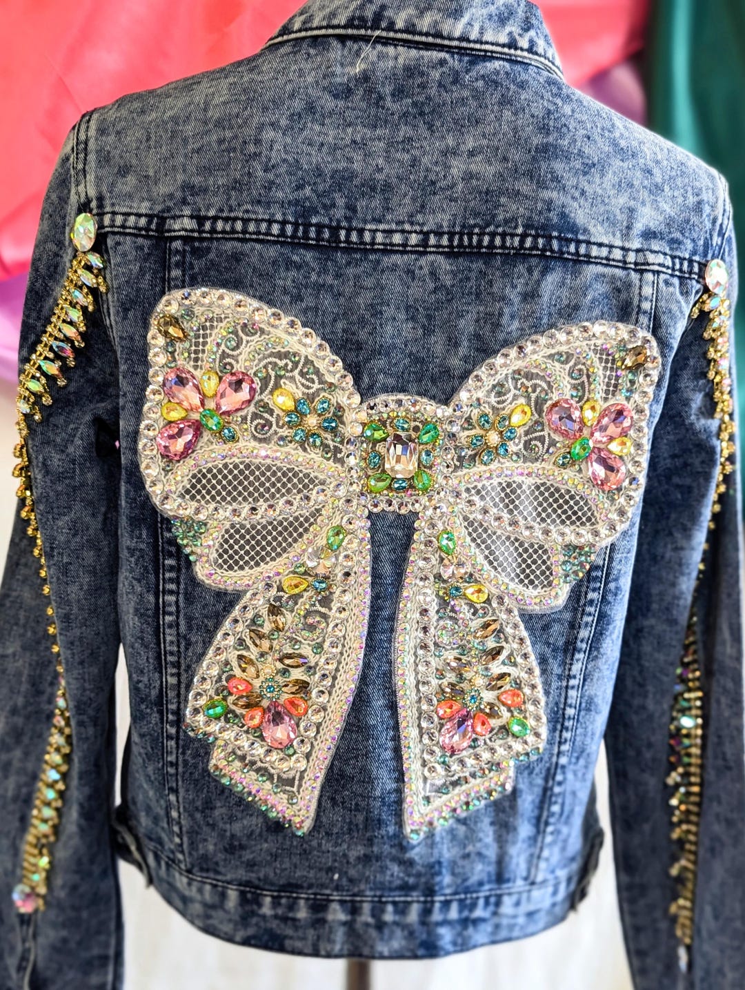 Ruby Ribbon Jackets Sweet White Ribbon in a Med Blue Jacket. Rhinestone Denim Jacket. Size ...