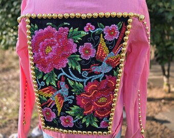 Mexican Flowers with Gold Studds on Pink Denim Jacket Size L