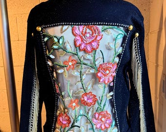 Orange Lace Floral on a Black Sparkly Denim Jacket Size XL