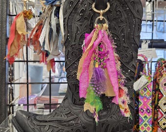 Western Boot Tassel Made of Feathers, Silk, Ribbons, Leather and Crystals
