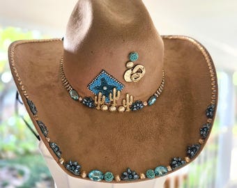 Ocre Faux Suede Hat with Turquoise and Gold Design with Cactus