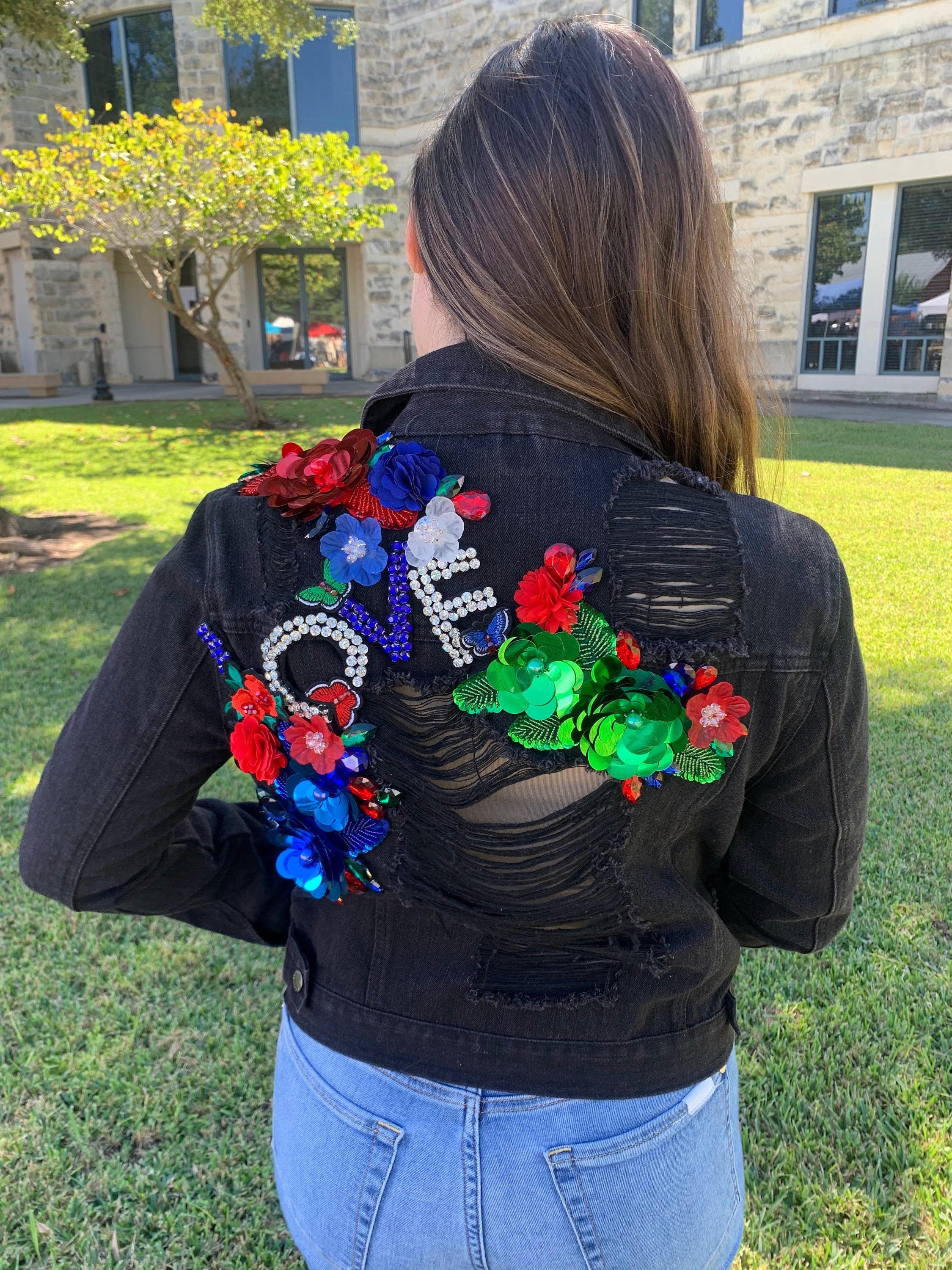 Love With Bright Flowersripped Embellished Denim Jacket 