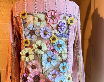 Pastel Lace Floral In a Pink Denim Jacket Size S