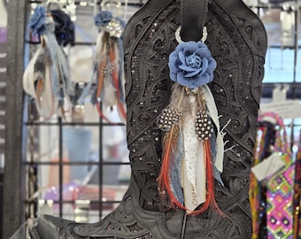 Western Boot Tassel Made of Feathers, Silk, Ribbons, Leather and Crystals