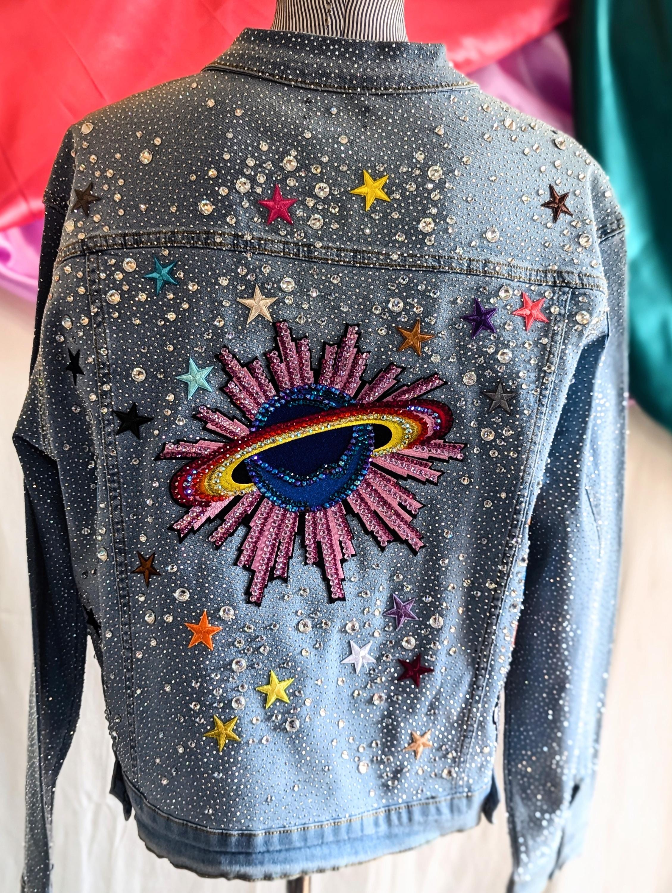 Rhinestone Planet Denim Jacket. Hand-embellished Wearable Art