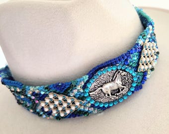 Hand Made Braided and Beaded Hat Band  with Pewter Horse and Rombus