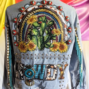 Cactus on an Arc on Light Blue Denim Jacket. Embellished Denim Jacket, Rhinestone Denim Jacket