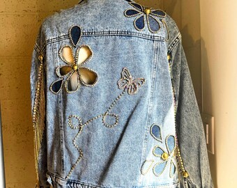 Cut Out Flowers with Gold Details on a Med Blue Denim Jacket Size M