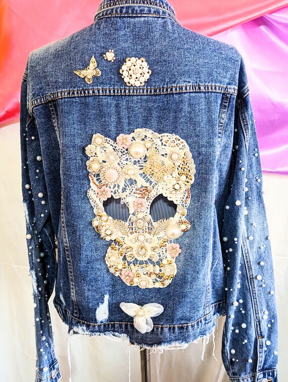 Lace Skull With Pink Flowers on a Md Blue Denim Jacket