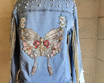 Sweet Butterfly with Flowers on Light Blue Denim Jacket with Pearls Size XL