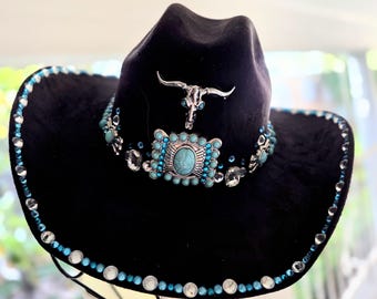 Black Faux Suede Hat with Turquoise and Pewter Design