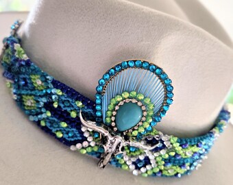 Hand Made Braided and Beaded Hat Band in Blues with Cow Skull