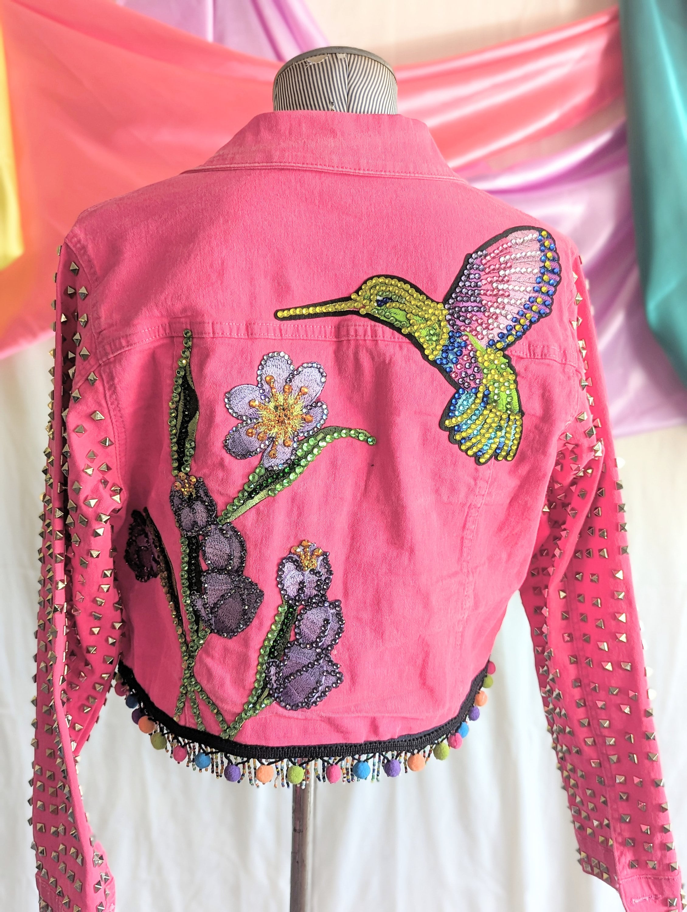 Hummingbird on a Mexican Pink Denim Jacket. Embellished