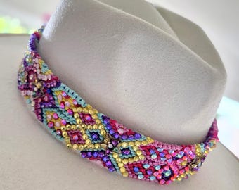 Hand Made Braided and Beaded Hat Band in Bright Colors