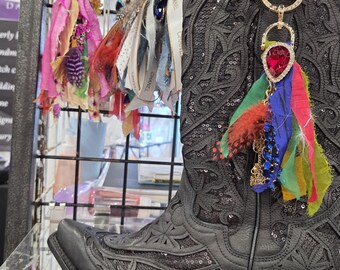 Western Boot Tassel Made of Feathers, Silk, Ribbons, Leather and Crystals