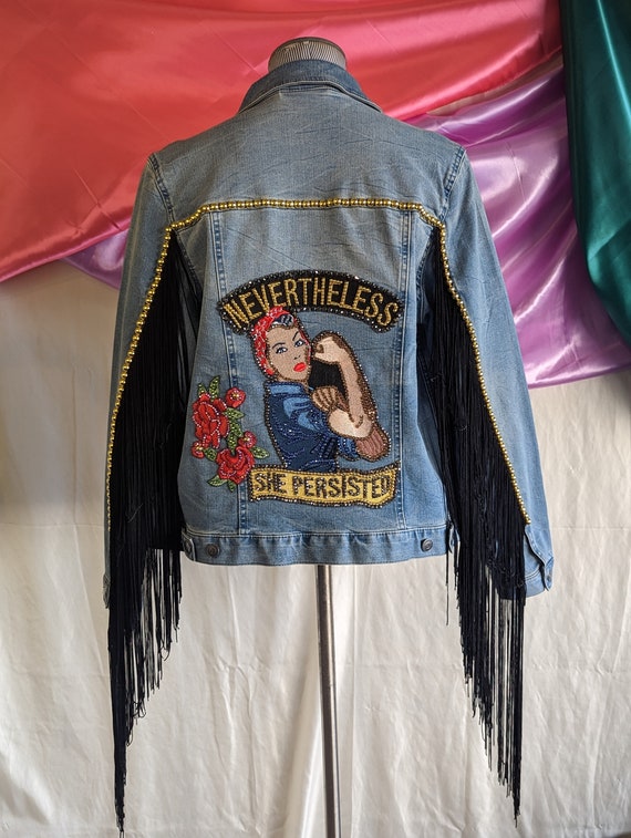 Jean jacket with red roses discount