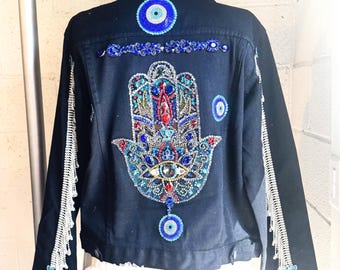 Huge Hamsa with Evil Eye On a Black Denim Jacket Size L