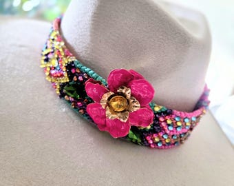 Hand Made Braided and Beaded Hat Band with a Big Bright Pink Flower