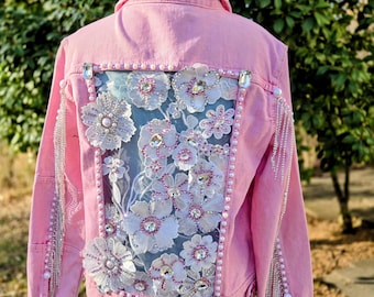White Floral Lace with Rhinestone Fringe on Pink Denim Jacket Size M