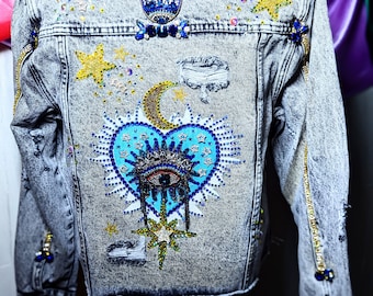 Third Eye with Turquoise Heart on Blue Denim Jacket. Size M