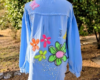 Sequin Margarita Flowers on Blue Denim Jacket Size L