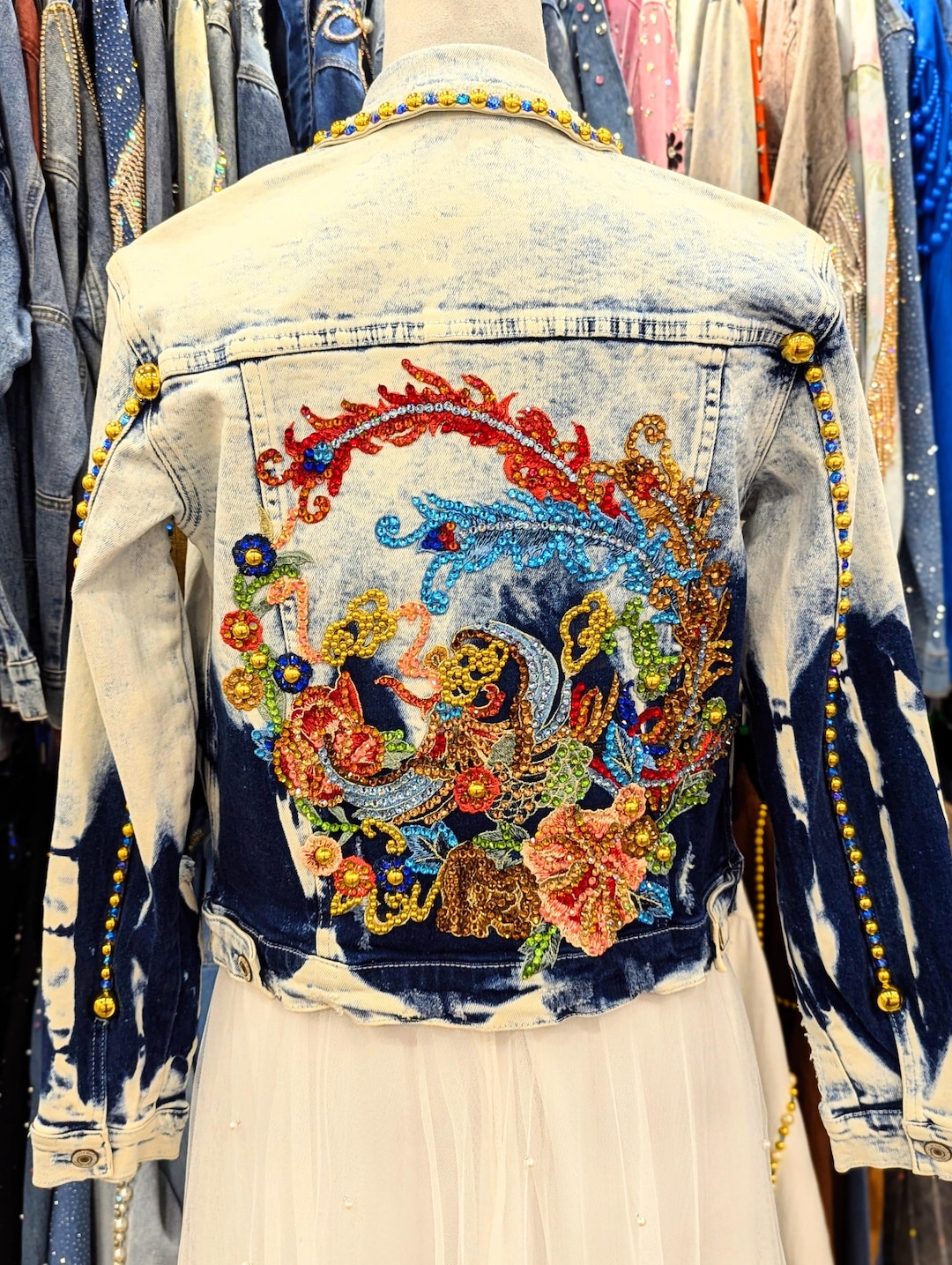 【即発送】phenix  crystal jq jacket XL Rhinestone Phoenix Denim Jacket, Bleach Blue. Size XS - Etsy