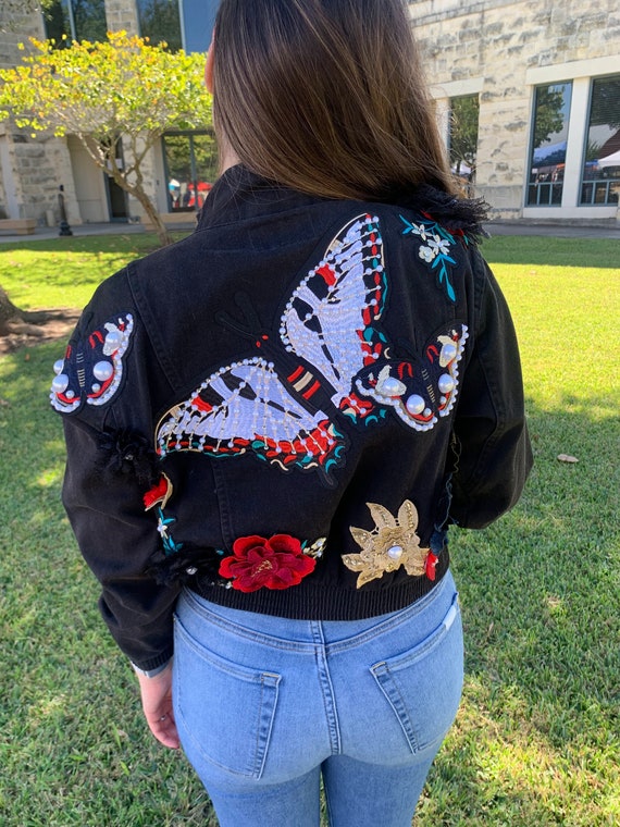 Butterfly Patch Denim Jacket Embellished Denim Jacket -  UK