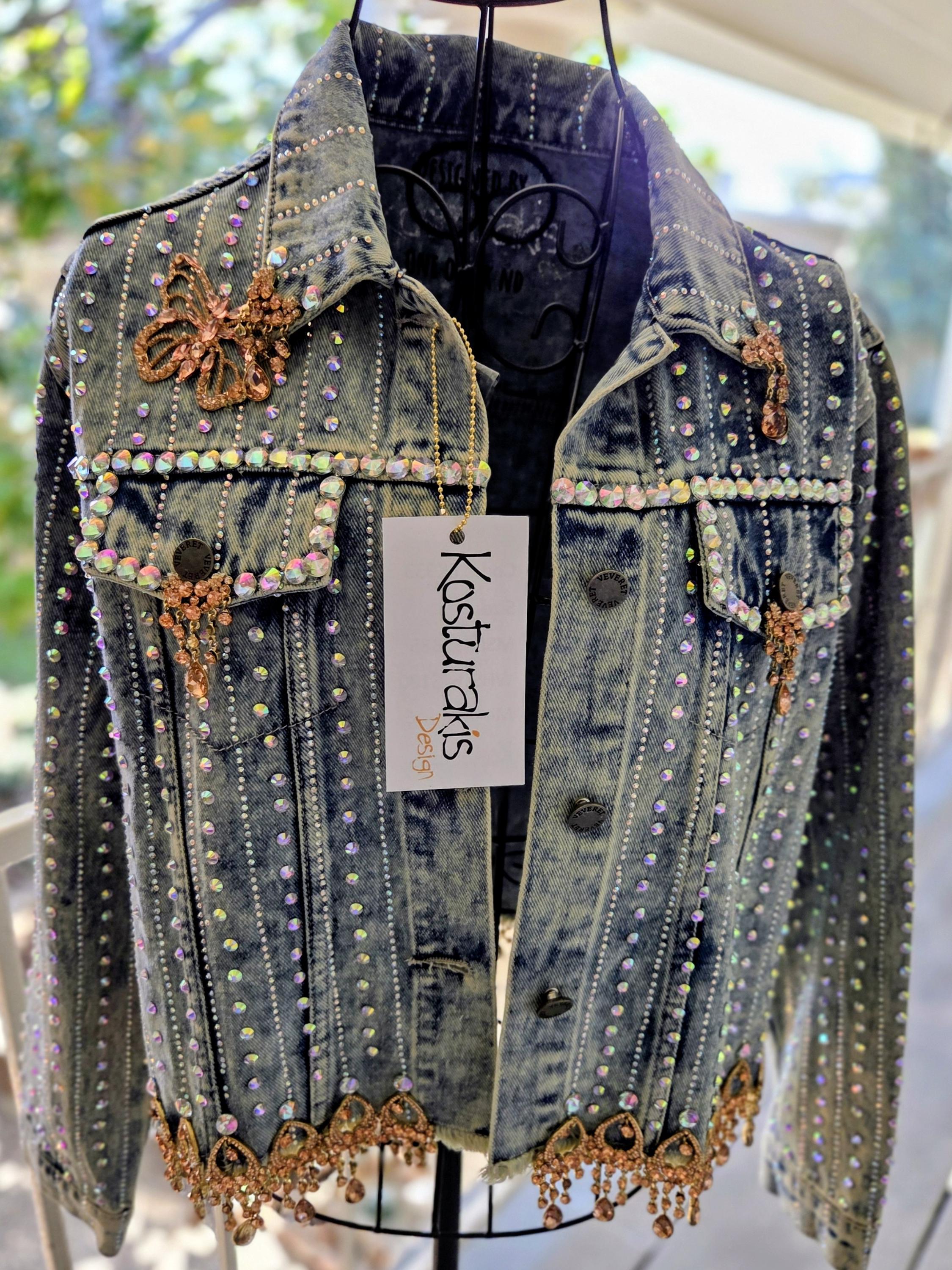 All Over AB Rhinestones With Peach Details on a Light Blue Denim Jacket ...