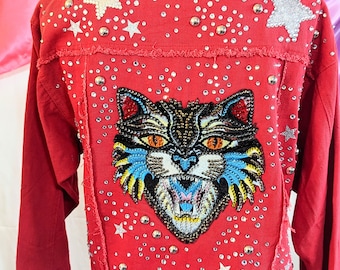 80s 90s Rhinestone Denim Jacket / 1980's 1990's Hand Painted