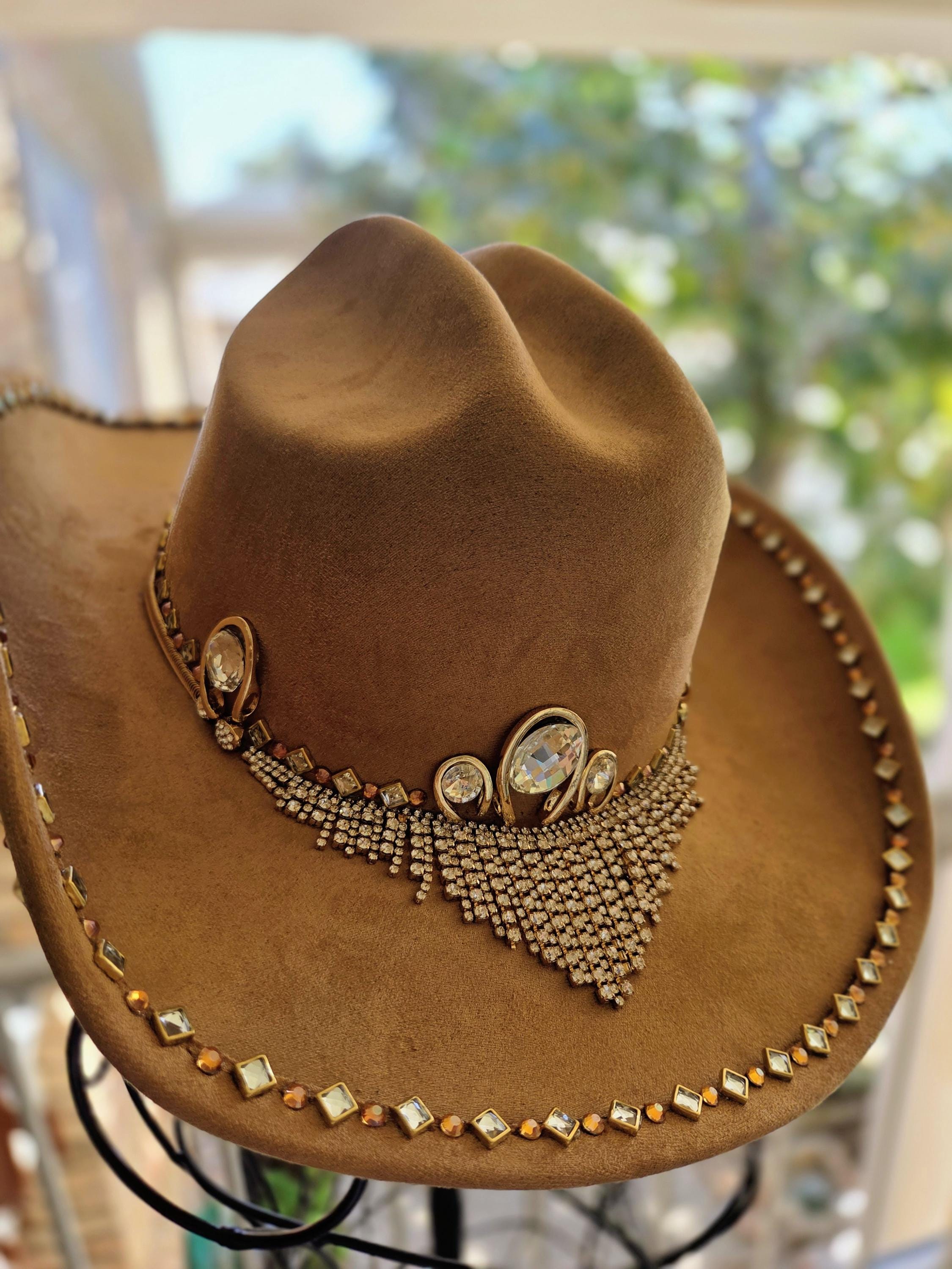 Faux Suede Ochre Cowgirl Hat With Rainbow Crystal 