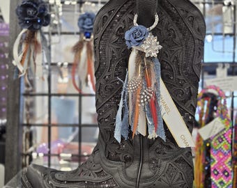 Western Boot Tassel Made of Feathers, Silk, Ribbons, Leather and Crystals