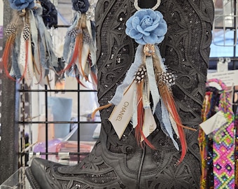 Western Boot Tassel Made of Feathers, Silk, Ribbons, Leather and Crystals