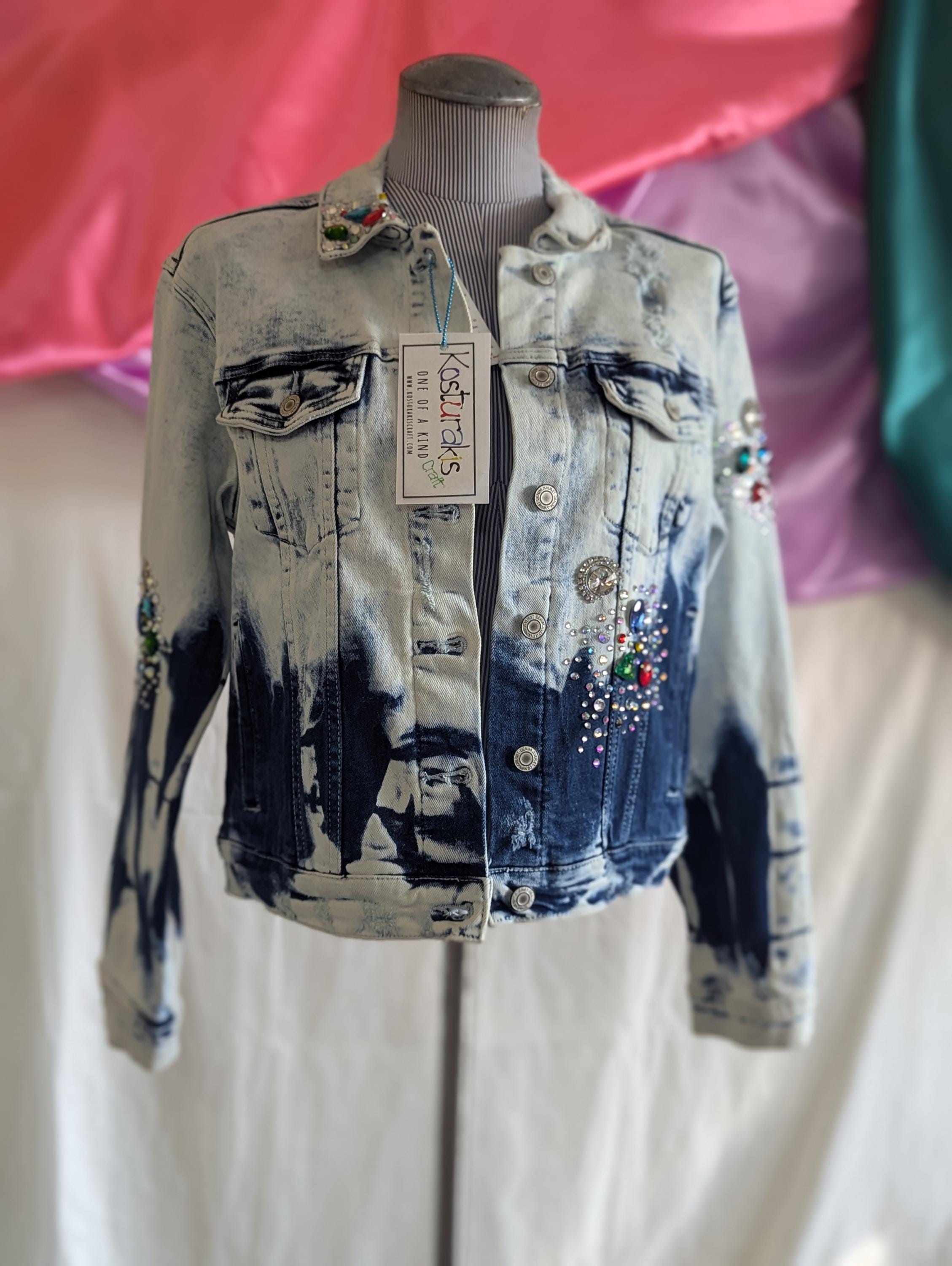 Colorful Lips on a Bleached Blue Denim Jacket. Embellished