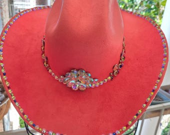 Coral Gamusina Cowgirl Hat with Colorful and AB Crystals Design