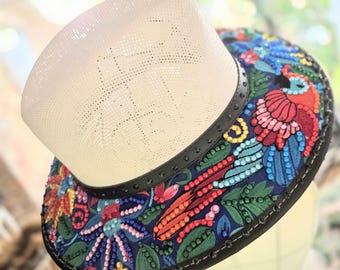 Embroidery Hat with Two Colorful Parrots and Flowers on a Black Hat
