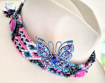 Hand Made Braided and Beaded Hat Band with Blue Butterfly and Pink Stones