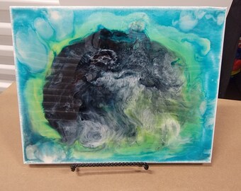 Obra de arte fluida: resina sobre lienzo, 14 x 11