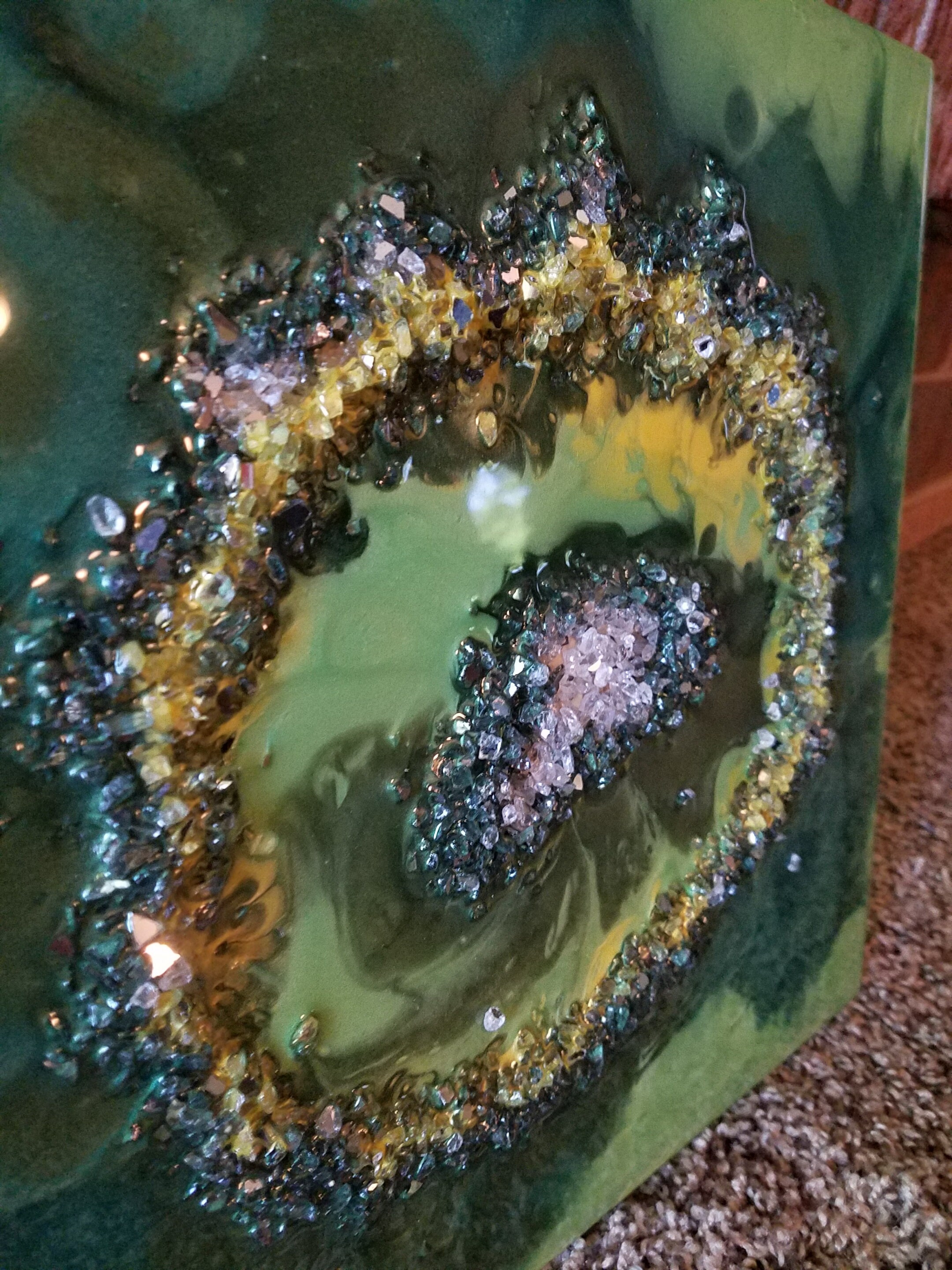 Geode Artwork with Crystals- Resin, crystals on wood 12 x 12