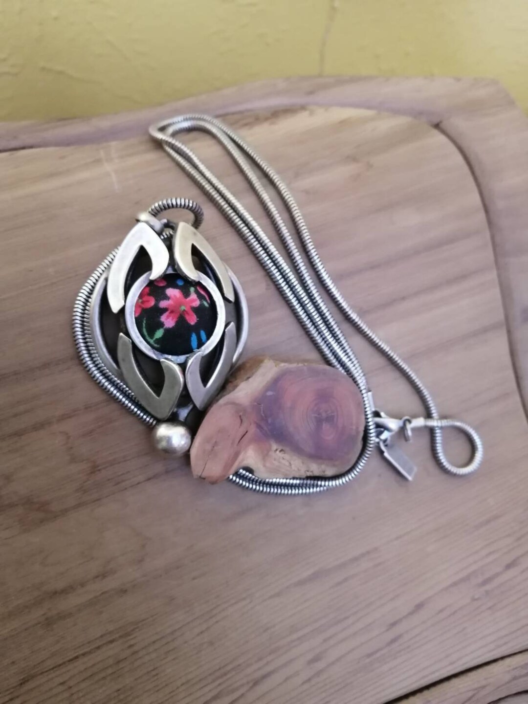 Vintage Kien Upcycle Tin Necklace With Floral Fabric Button on Long ...